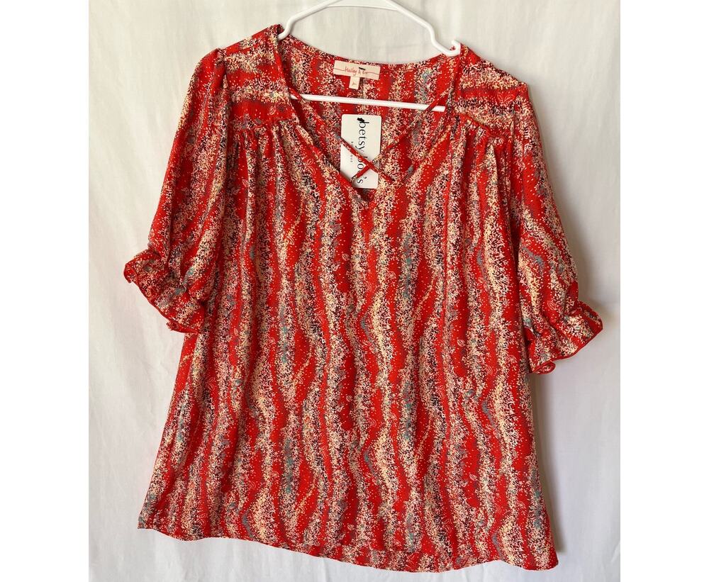 Hailey & Co Red Geometric Strappy V-neck Puff Sleeve Blouse Medium Women's Top